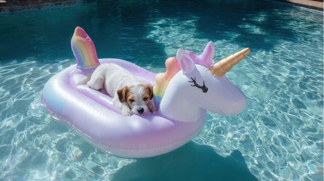 adorable dog sleeping on inflatable unicorn pool float, sunny summer day, playful atmosphere, crystal clear water, lifestyle pet photography, ultra