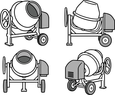 Construction Equipment Collection - Cement Mixer Black and White Vector Illustration