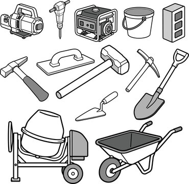 Construction Equipment Collection Black and White Vector Illustration Set