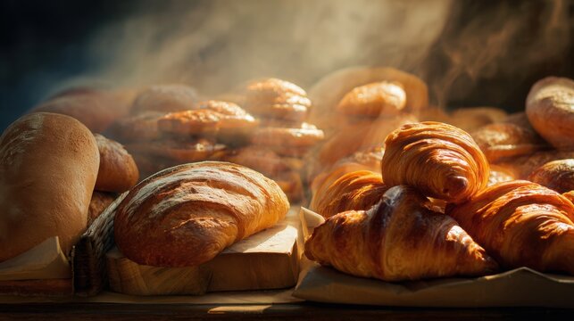 assortment of freshly baked artisan bread and buttery croissants, steam rising, rustic bakery display, golden crust, warm morning light, gourmet