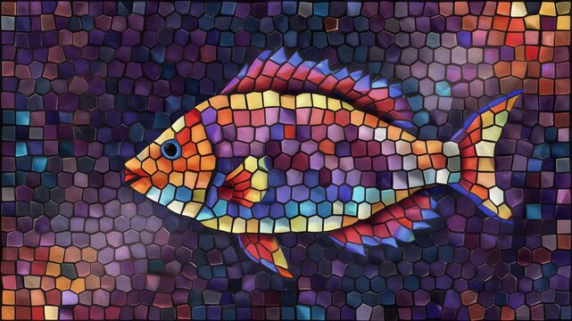 Vibrant mosaic fish artwork with colorful geometric tiles, seamless loop, symbolizing creativity, artistry, and underwater beauty