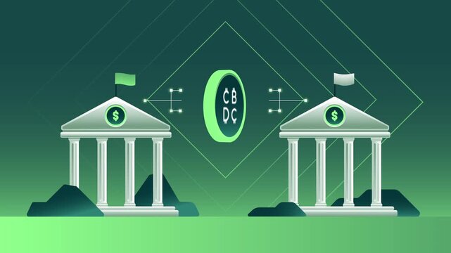 Electronic Peer to Peer Money Transaction Transferring Funds Between Two Central Bank Buildings 2D Animation