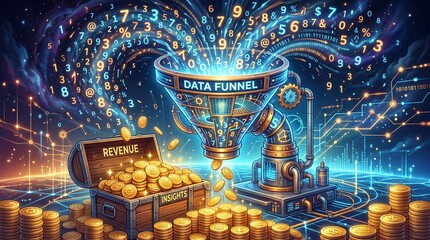 Fototapeta premium Data Funnel to Revenue: A vibrant, digital illustration depicts a data funnel transforming abstract numbers and information into a cascade of golden coins.