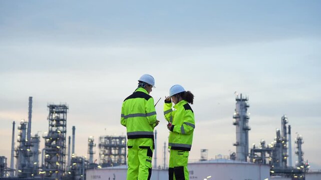 Engineers reviewing plans at oil refinery, Technicians inspecting oil refinery plant at sunset, Oil and gas industry workers team using digital tablet for conducting site survey at petrochemical plant