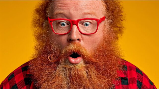 A red-bearded man wearing red glasses, with his mouth wide open, looks utterly astonished against a yellow background, creating a comical and emotive image perfect for memes and adverts promoting surp