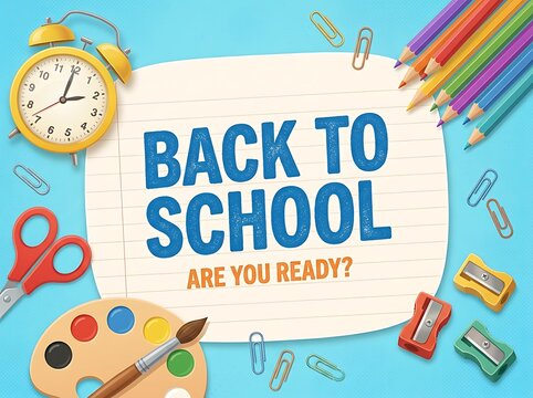 Back to school supplies and text on blue alarm clock pencils
