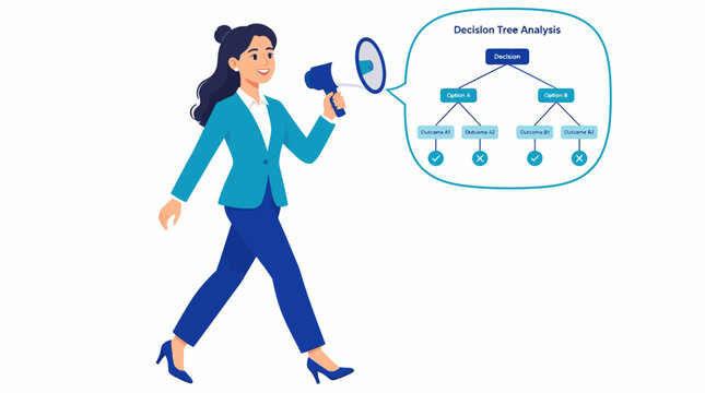 Businesswoman holding megaphone with decision tree diagram.