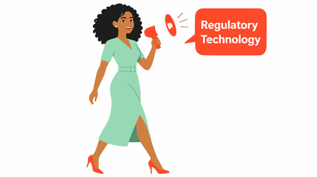 Woman in green dress holding megaphone with regulatory technology text.