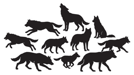 Wolf silhouette collection, 10 wild animal vector elements, howling and running timber wolf pack, black canine predator shapes for logo design © Shahzaib