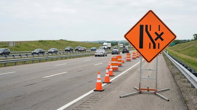 Orange lane closed warning sign on a freeway shoulder. Traffic cones and barrels directing cars to merge on a multi-lane highway. Road construction and maintenance work zone