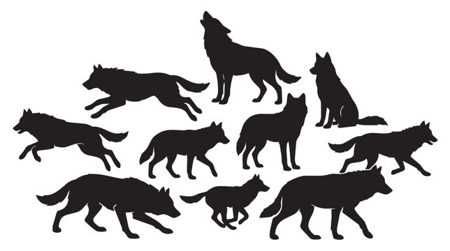 Wolf silhouette collection, 10 wild animal vector elements, howling and running timber wolf pack, black canine predator shapes for logo design