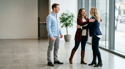 Fototapeta premium Friends greeting each other with a warm hug in a modern lobby. Happy reunion of three adult friends in a bright spacious hall