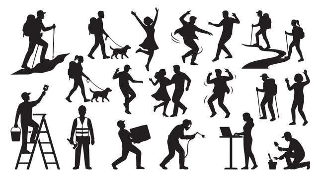 Active people silhouettes set, diverse human figures dancing and hiking, professional workers and laborers vector collection for infographics