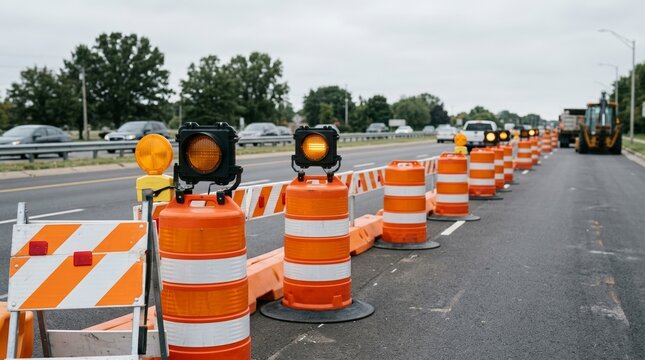Orange and white construction barrels with flashing warning lights on a highway. Road work zone lane closure and traffic safety barriers