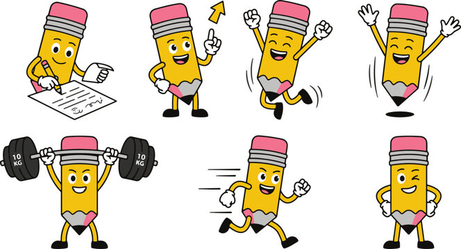 Set of cute pencil character in various poses and situations, isolated on transparent background