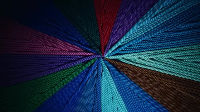 Radial starburst of multicolored twisted cords converging into central knot with dramatic highlights, deep shadows, dense texture, vibrant segments, decorative symmetry