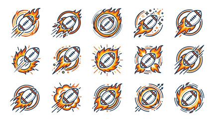 Collection of American Football Icons with Fiery Effects. © Cuwil