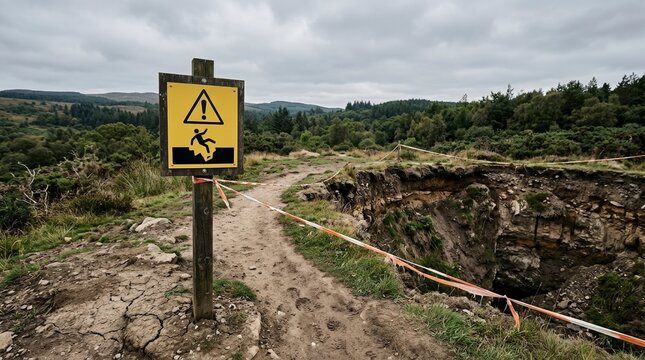 Yellow warning sign near a large ground sinkhole. Danger sign and warning tape cordoning off collapsed earth on a rural path