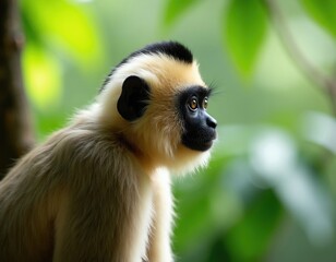 Fototapeta premium Close-up reveals white handed gibbon face. Furry primate sits amidst lush foliage. Animal portrait shows calm expression, brown eyes. Wildlife photo highlights rare mammal in natural habitat.