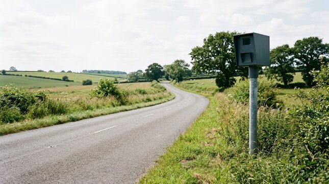Speed camera on a winding rural road. Traffic enforcement radar in the countryside. Road safety and speed monitoring concept