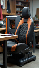 Fototapeta premium Car stitching machine and sample in workshop. Modern upholstery tool with fabric prototype. Automotive interior design tech. Custom car future.