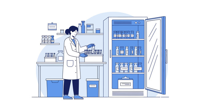 Scientist in Lab Coat Handling Vials Near Open Refrigerator with Medical Supplies