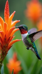 Naklejka premium Small hummingbird bird with green feathers drinks nectar from vibrant orange flower. Tiny avian hovers in air near blooming plant. Animal feeds on sweet liquid from petal in garden.