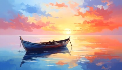 Fototapeta premium Wooden rowboat wide shot floating on calm water digital painting illustration vibrant sunset lighting colorful cloudy sky background