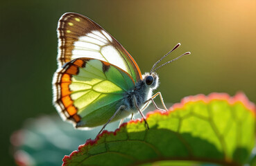 Fototapeta premium Orange tip butterfly rests on green leaf in soft sunlight. Tiny insect shows intricate wing patterns and fuzzy body detail. Macro view highlights natural beauty and spring season.