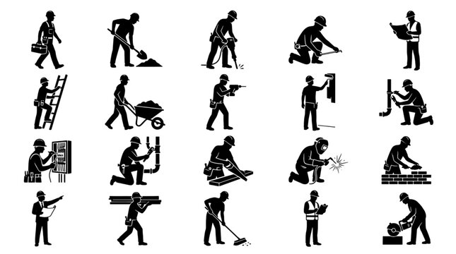 Construction Worker Silhouette Icon Set, Builder Mason Laborer Industrial Work Vector Collection