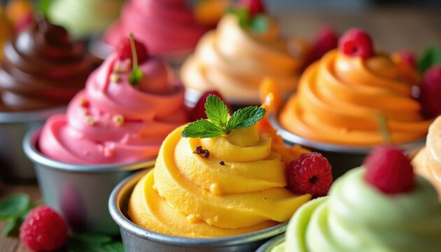 Assortment of colorful Italian gelato cups with fresh fruit toppings like raspberries. Creamy frozen desserts in various sweet flavors ready for enjoyment.