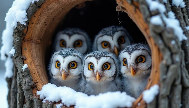 Four fluffy baby owls peer from snowy tree hollow. Young birds huddle together inside cozy nest. Winter wildlife scene shows adorable owlets in forest habitat. Close-up big eyes amidst snow.