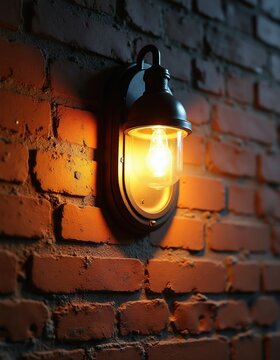 Vintage oval bulkhead light shines on rustic brick wall at night. Industrial outdoor lamp fixture provides warm glow. Exterior building illumination detail.