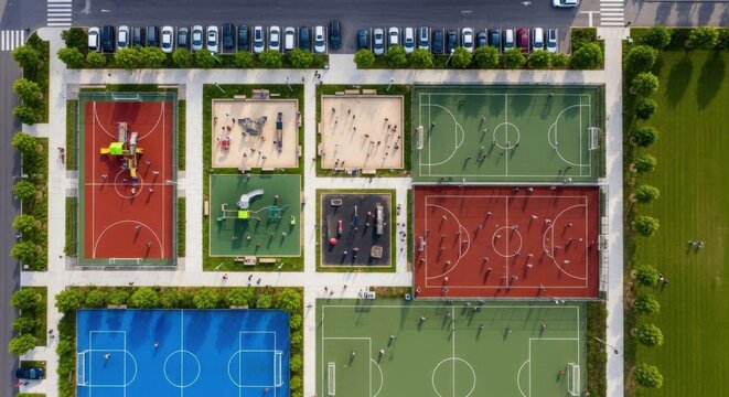 Aerial view of a vibrant public recreation complex featuring multiple sports courts and playgrounds bustling with activity