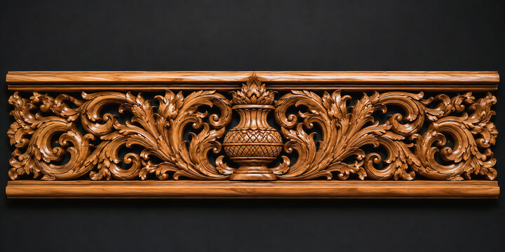 Ornate wooden architectural molding element with intricate filigree details and acanthus leaves in a traditional vintage style.