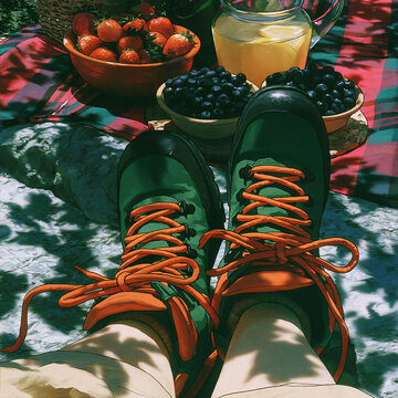 Hiking Boots with Picnic Fruit and Lemonade on Sunny Summer Blanket