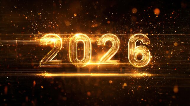 futuristic 2026 loading screen, glowing golden numbers, elegant progress bar, luminous particles, premium technology background, cinematic lighting
