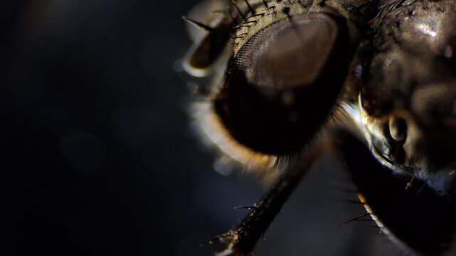 Fly head under darkfield microscope, extreme macro of compound eye

