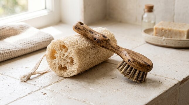 Natural loofah sponge, wooden brush, and soap on bathroom countertop
