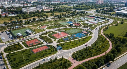 Fototapeta premium Expansive Urban Park Recreation System Aerial View Showcasing Sports Courts and Green Spaces
