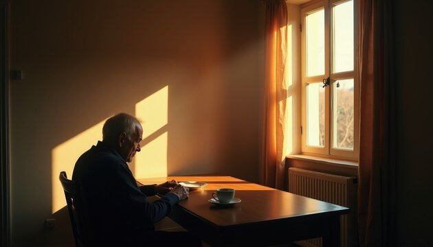 Elderly man sits alone at table by window with warm light, shadows. Empty plate, coffee cup suggest quiet contemplation, solitude, mealtime. Domestic scene portrays aging, loneliness, peaceful