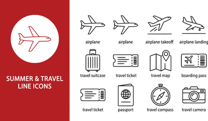 Clean line icons for summer and travel destinations with airplane and passport motifs © Creative Wings