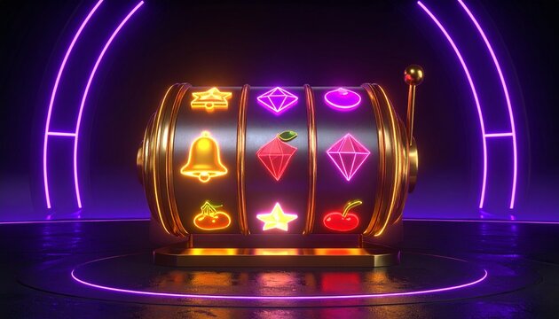 Celebration of Mega Win on a Glowing Neon Slot Machine Wheel with Jackpot Symbols