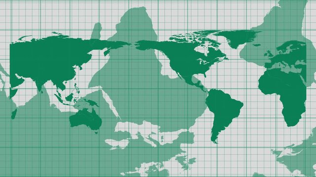 Green world map on a grid background showing global geography, travel, data, planning and international business themes in a simple flat design.