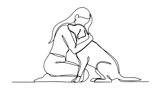 minimalist line art illustration of a woman hugging her dog, elegant black outline sketch expressing unconditional love, trust, companionship, pet care and emotional connection