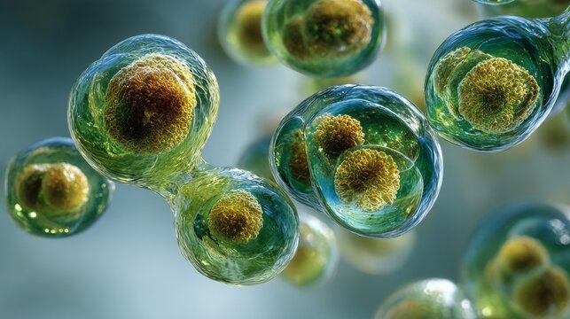 Microalgae cells under microscope, single-celled spherical green algae in liquid, tiny round cells with sharp membranes and subtle granules, high magnification on pale background