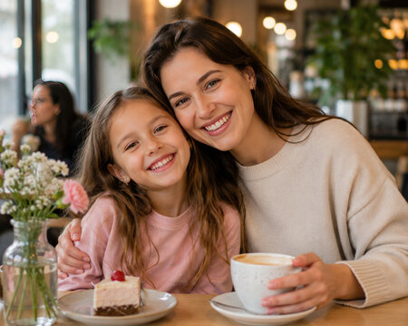 Happy Mother and Daughter Enjoying Quality Time Together in Cafe
