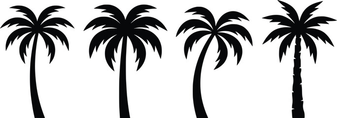 Four diverse palm tree silhouettes against a pure white background representing tropical nature and summer travel in a clean graphic style © Creative Wings