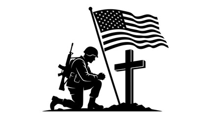 Fototapeta premium Silhouette of a soldier kneeling before a cross with an american flag