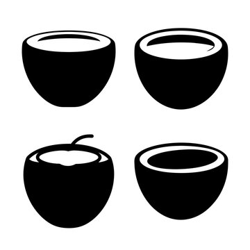 Four black coffee cups with different lids - Minimalist vector illustration of four black coffee cups, each with a distinct lid style including a regular lid, dome lid, coconut lid, and open bowl lid.